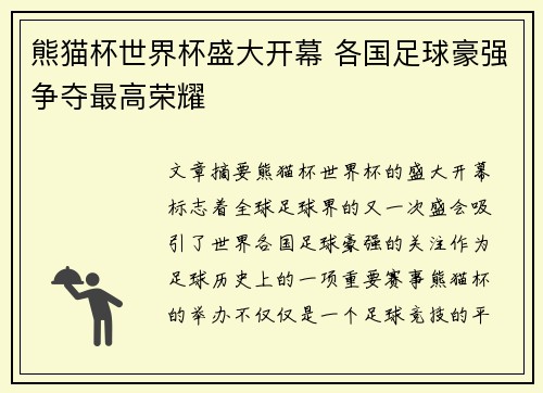 熊猫杯世界杯盛大开幕 各国足球豪强争夺最高荣耀